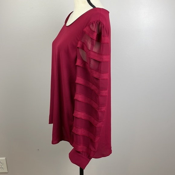 LOFT Long Sleeve Shirt SZ Large Sheer Sleeves with Striping Maroon Red Flowy - Picture 4 of 9